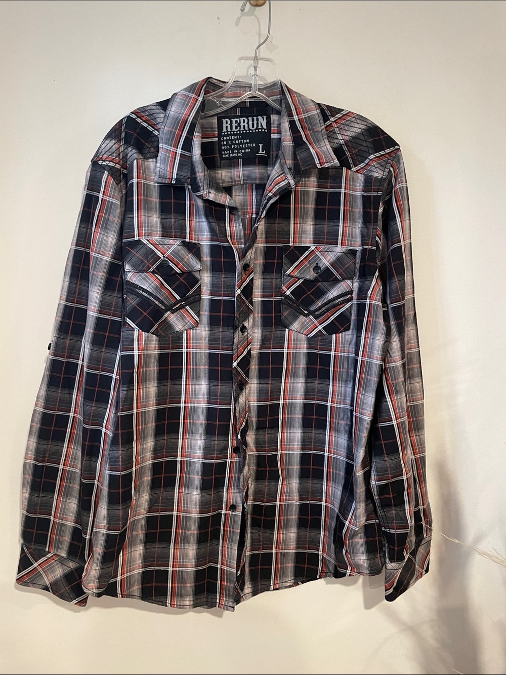 Rerun Men's Black Orange Plaid Long-Sleeve Button-Down Shirt Sz L B134